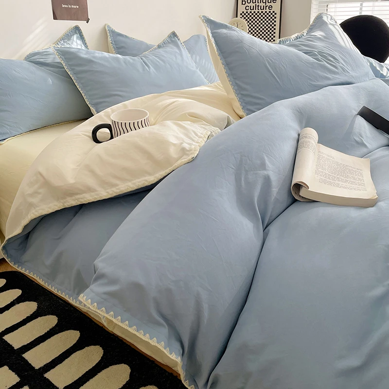 Simple Washed Cotton Bed Linen Bedding Set Four Piece Flat/Fitted Bed Sheet Set Comforter Set Full Double Couple Bed Quilt Cover