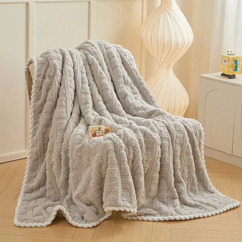 Luxury Soft Faux Fur Throw Blanket Fluffy Warm Solid Color Plush Blanket for Sofa Bed Single Double Spring Autumn 3D Bear Throw