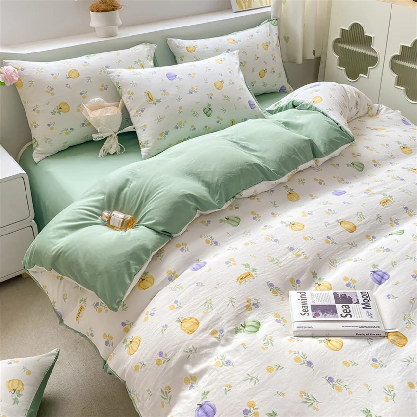 Korean Retro Floral Bedding Set 100% Washed Cotton Bed Sheets Set Soft Duvet Cover Bed Linen Pillowcase Single Double Queen King