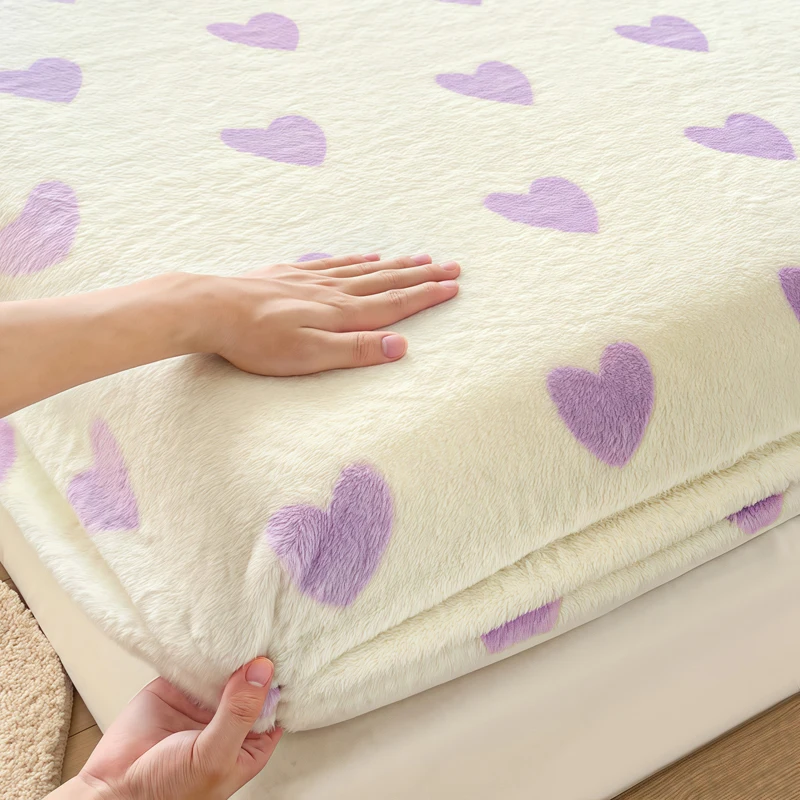 WOSTAR Winter warm plush fitted sheet elastic mattress protector cover red heart printed fluffy coral fleece bed linens 200x220
