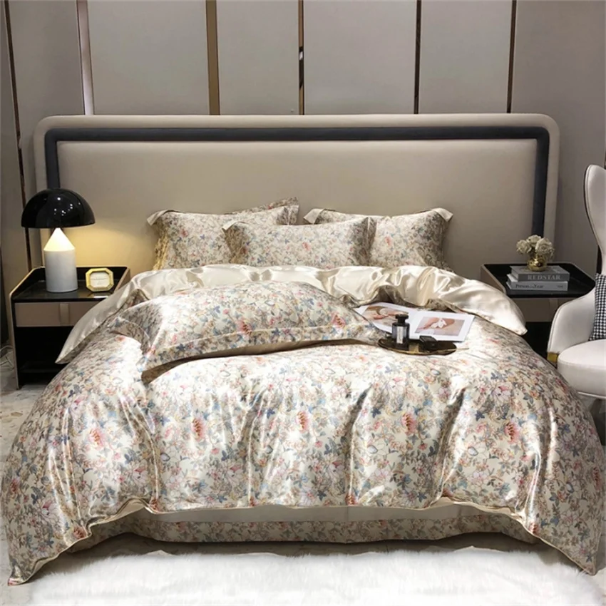 Luxury Floral Silk Bedding Set with Duvet Cover Fitted & Flat Bed Sheet Pillowcase Silky Smooth Bed Sheet Sets Twin Full Queen