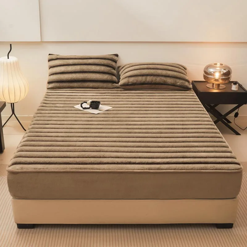 New Thickened Imitation Rabbit Fur Fitted Sheet with All Around Elastic Bands Winter Warm Bed Linen Plush Soft Mattress Cover