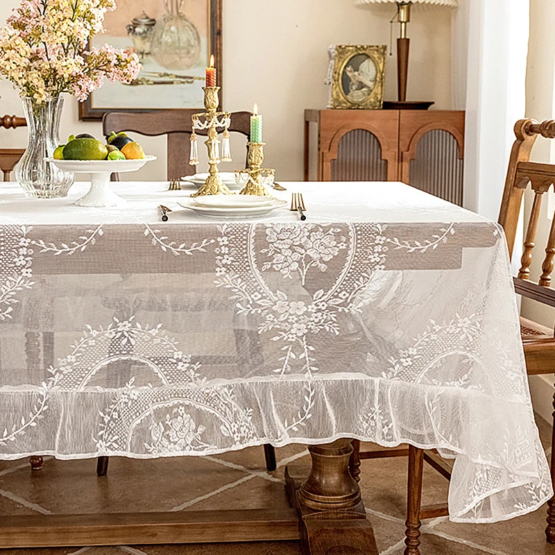 Battilo White Round Lace Tablecloth Floral Embroidered Table Cloth for Dinning Table Rectangular Table Cover for Wedding Party