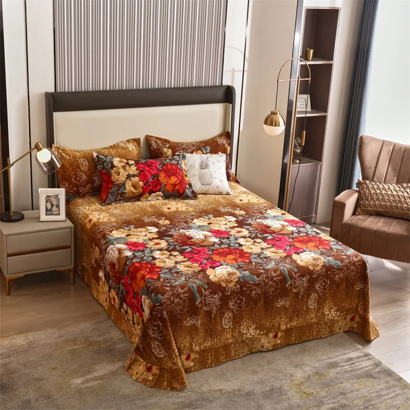 Egyptian Cotton Brushed Flat Bed Sheet Luxury Bed Cover Euro Style Thicken Soft Bed Linens Double Queen King Size(No Pillowcase)