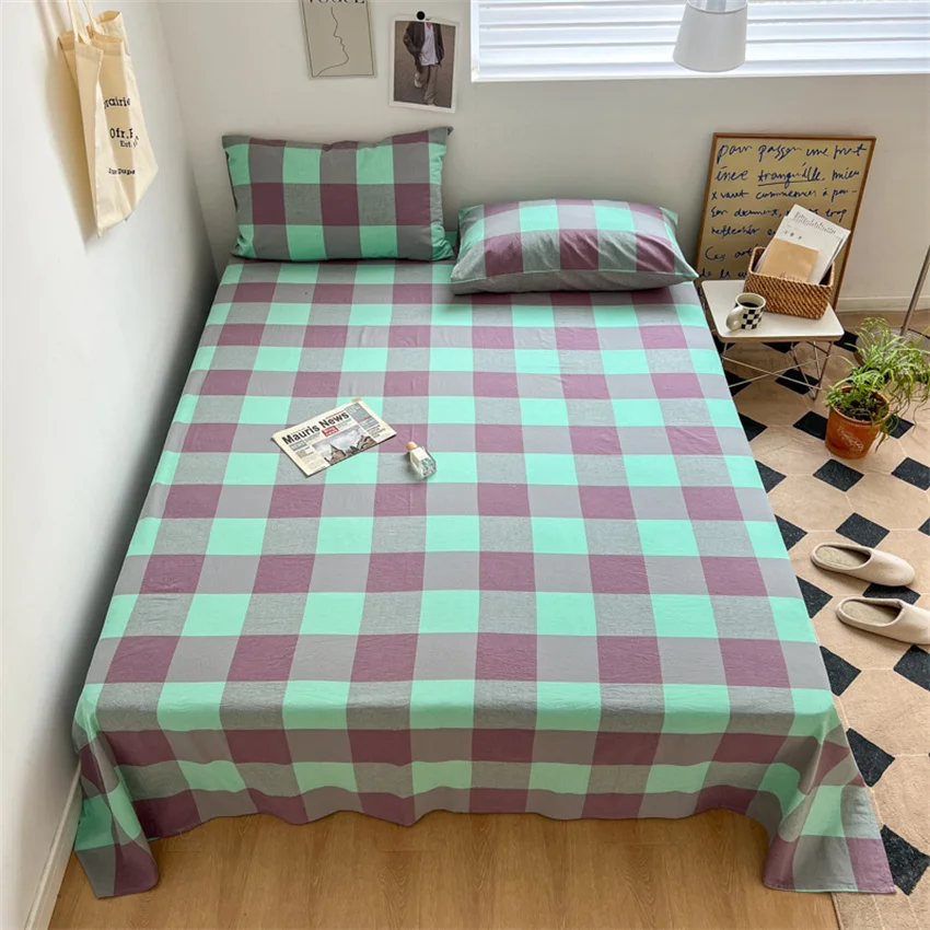 100% Pure Cotton Bedsheet 1pc Flat Sheets Nordic Grid Pattern Bed Sheet Soft Comfort Home Textile Without Pillowcase Multi-Size