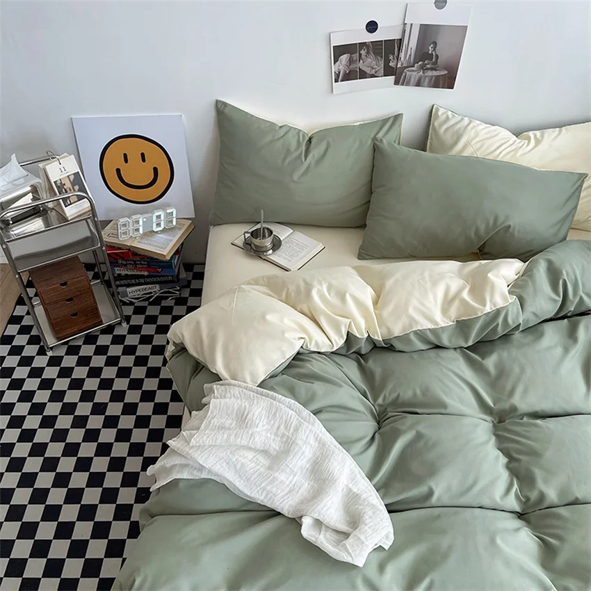 Ins Style Bedding Set Washed Cotton Duvet Cover Pillowcase Solid Color Soft Comforer Quilt Cover Bedspreads Bed Linen Flat Sheet
