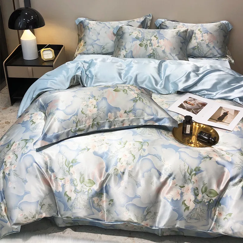 Floral Mulberry Silk Bedding Set with Duvet Cover Bed Sheet Luxury High-end Quilt Cover Fitted/Flat Bedsheet Double Queen Size