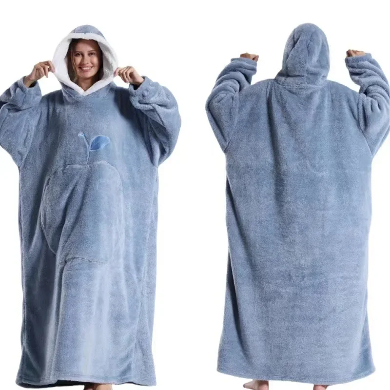 WASART Winter extra long wearable hoodies blanket adult warm pullover sweatshirt oversized fleece hooded blanket with sleeves