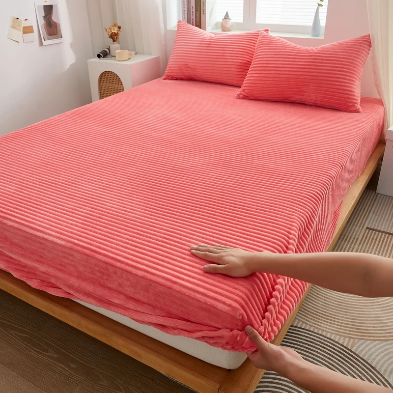 WASART Winter warm coral fleece fitted sheet elastic mattress cover fluffy plush thermal bed linens couple bedding king size 150