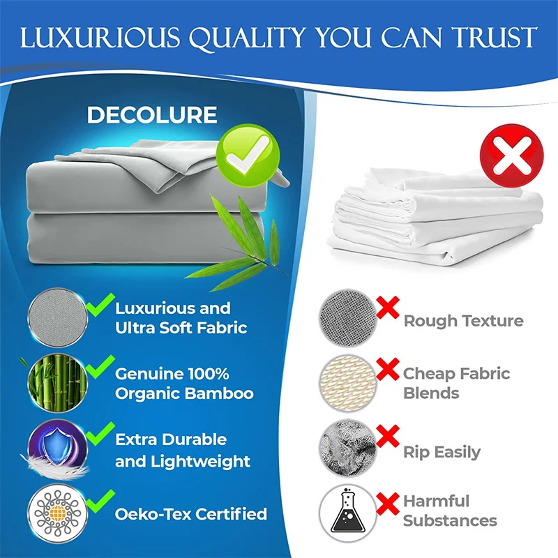 Luxury 100% Bamboo Bed Sheet Set with Fitted Sheets Flat Bedsheet Pillowcase Double Queen King Size Bedding Sets Smooth Silky