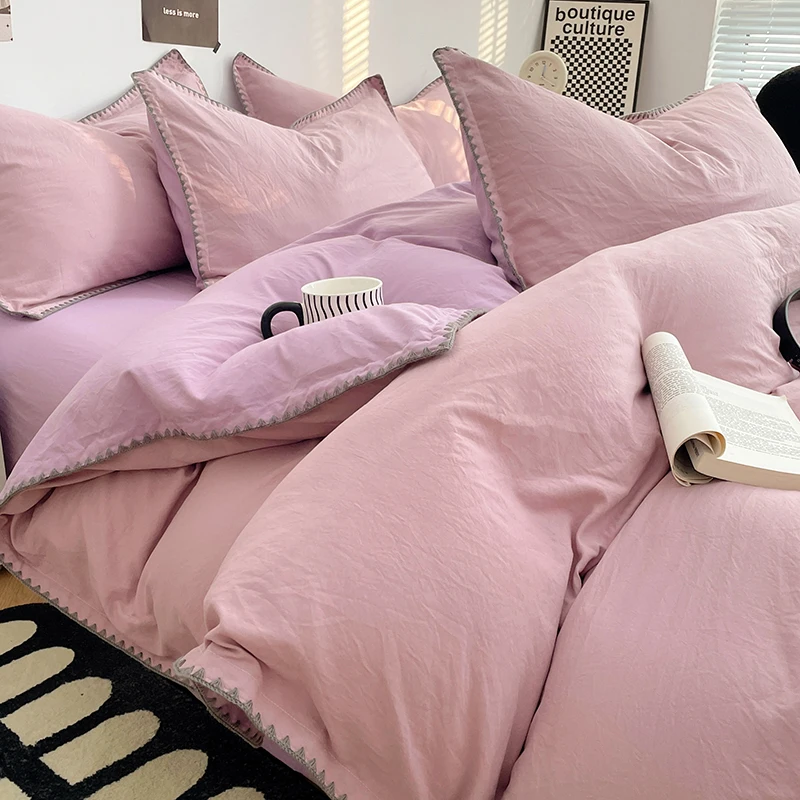 Simple Washed Cotton Bed Linen Bedding Set Four Piece Flat/Fitted Bed Sheet Set Comforter Set Full Double Couple Bed Quilt Cover