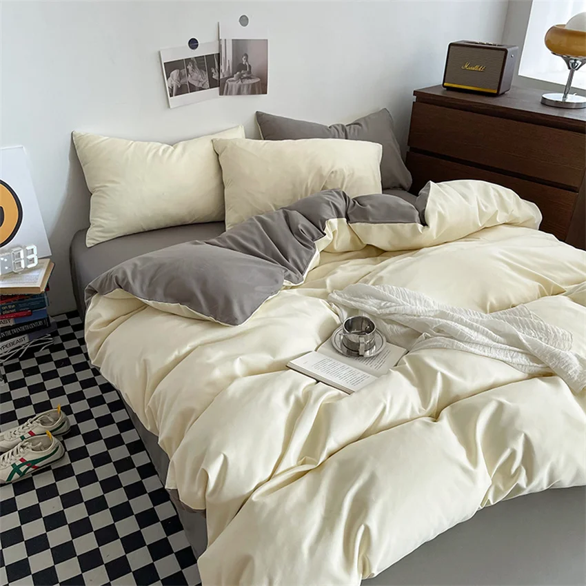 Ins Style Bedding Set Washed Cotton Duvet Cover Pillowcase Solid Color Soft Comforer Quilt Cover Bedspreads Bed Linen Flat Sheet