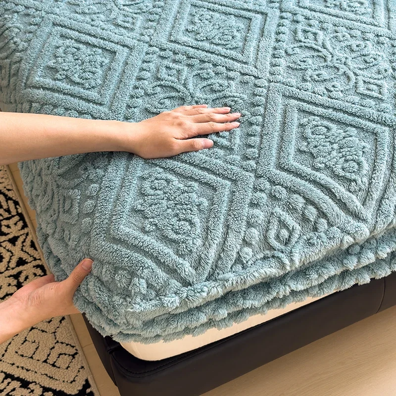 WASART Fluffy coral fleece fitted sheet elastic mattress protector cover winter warm plush bed linen luxury double bed bedding