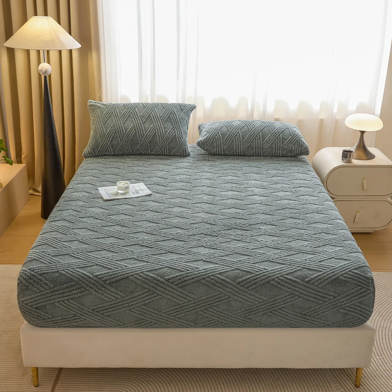 WASART Soft warm coral fleece fitted sheet elastic mattress protector cover plaid jacquard winter fluffy plush bed linen 180x200