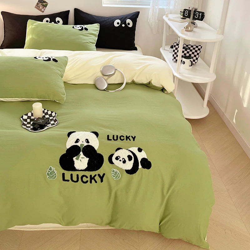 Embroidered Panda Duvet Cover Set 100% Cotton Bedding Set Flat/Fitted Sheet Quilt Cover Pillowcase Single Double Queen Size Ins