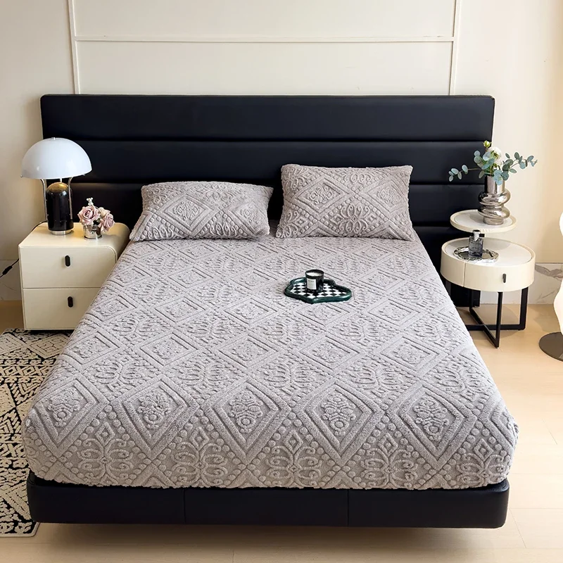 WASART Fluffy coral fleece fitted sheet elastic mattress protector cover winter warm plush bed linen luxury double bed bedding