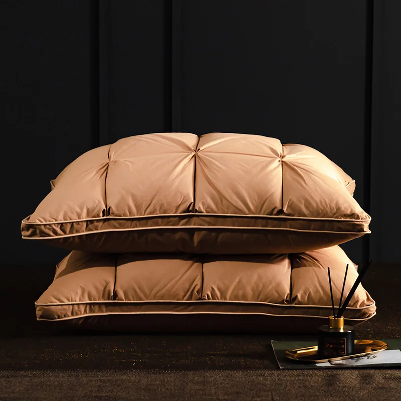 Luxury 2pcs Goose Down Feather Pillows 3D Bread Pleated Neck Protection 100% Cotton Cover Bed Pillow for Sleeping Hotel Quality