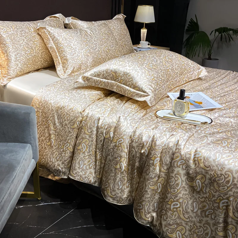 Home Silk Duvet Cover Set with Bed Sheet Pillowcase 4 Piece Natural Silk Bedding Sets Soft Smooth Comforter Covers with Zipper