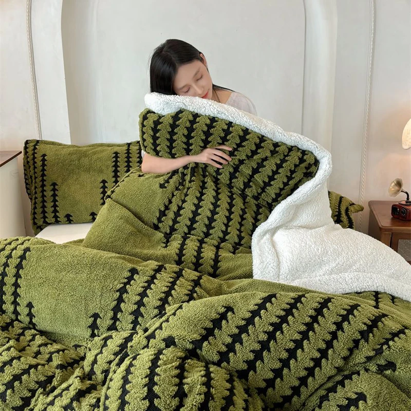 WASART Winter warm coral fleece Jacquard duvet cover fluffy plush luxury double bed couple quilt cover 220x240 cozy bedding set