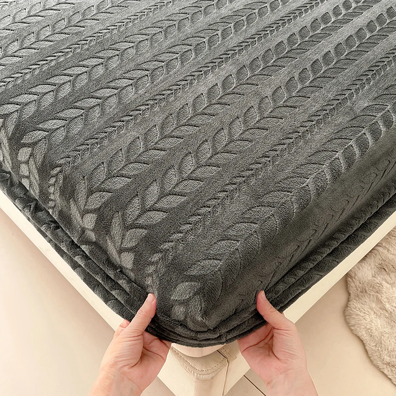 WASART Winter coral fleece jacquard fitted sheet elastic mattress protector cover warm fluffy plush bed linens 150x200 king size