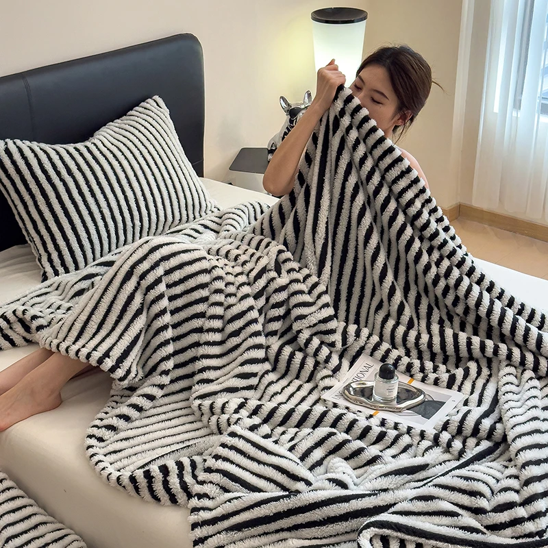 Cozy Fluffy Faux Fur Fleece Blanket Thick Warm Striped Winter Duvets Soft Plush Sofa Throw Blanket Bedroom Bedspread for Home