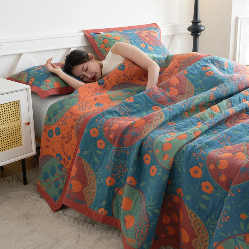 WASART Pure cotton twel muslin quilt sofa blanket bohemian floral print luxury double bed summer bedspread thin duvet king size