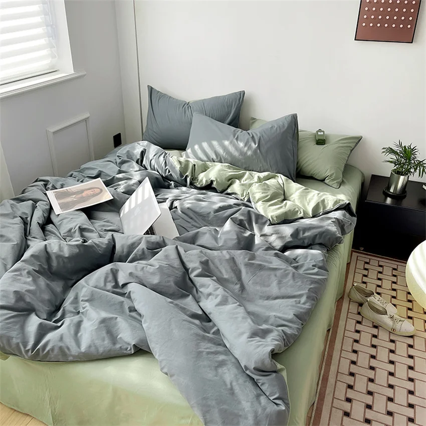 Ins Style Bedding Set Washed Cotton Duvet Cover Pillowcase Solid Color Soft Comforer Quilt Cover Bedspreads Bed Linen Flat Sheet