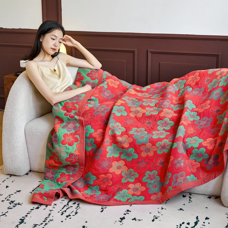 WASART Pure cotton twel muslin quilt sofa blanket bohemian floral print luxury double bed summer bedspread thin duvet king size