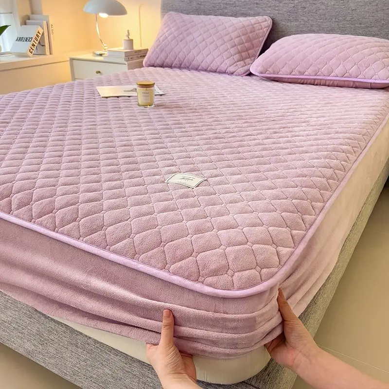 WASART Winter Warm Coral Fleece Mattress Protector Cover Quilted Thermal Elastic Fitted Sheet Luxury Double Bed Protection Pad