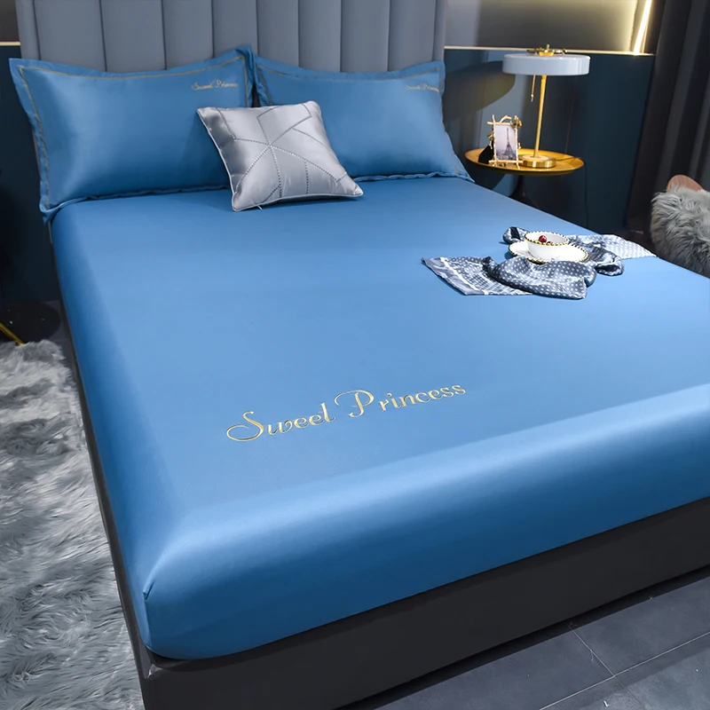 WASART Luxury Summer Satin Rayon Solid Embroidery Fitted Sheet Elastic Mattress Protector for Couples Bedding Cooling Bed Cover