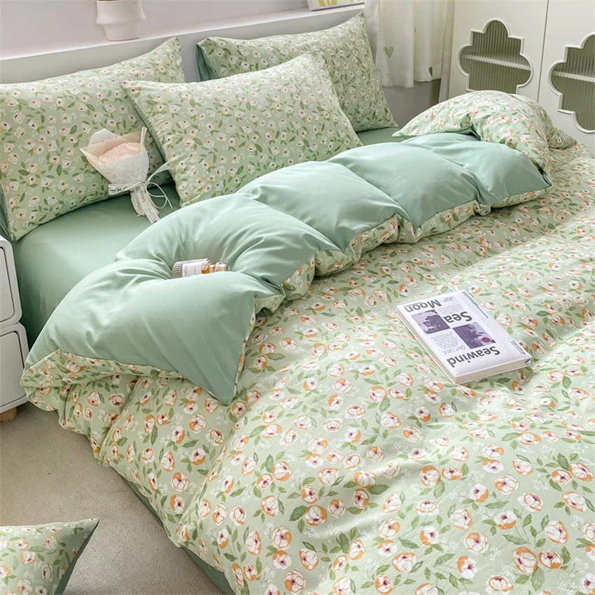 Korean Retro Floral Bedding Set 100% Washed Cotton Bed Sheets Set Soft Duvet Cover Bed Linen Pillowcase Single Double Queen King