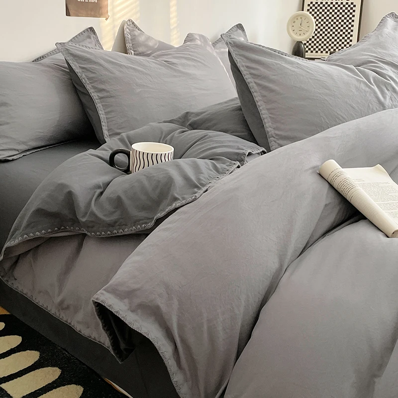 Simple Washed Cotton Bed Linen Bedding Set Four Piece Flat/Fitted Bed Sheet Set Comforter Set Full Double Couple Bed Quilt Cover