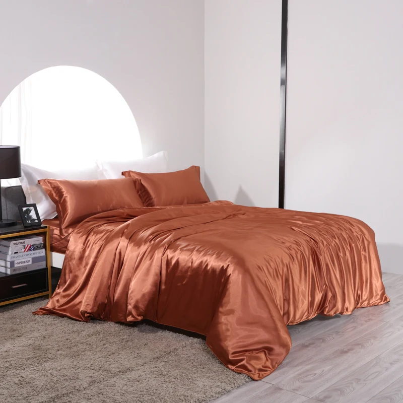 Blend Mulberry Silk Luxury Bedding Set Fitted & Flat Sheet Silky Duvet Cover Pillowcase for Home Hotel Premium Queen King Size