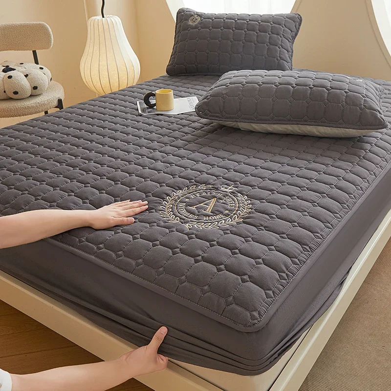 WASART Thicken quilted mattress protector cover solid embroidery luxury double bed elastic fitted sheet style bed protection pad