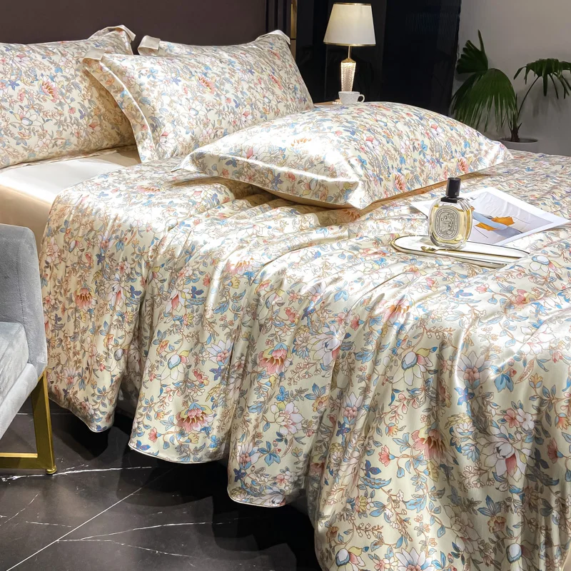 Home Silk Duvet Cover Set with Bed Sheet Pillowcase 4 Piece Natural Silk Bedding Sets Soft Smooth Comforter Covers with Zipper