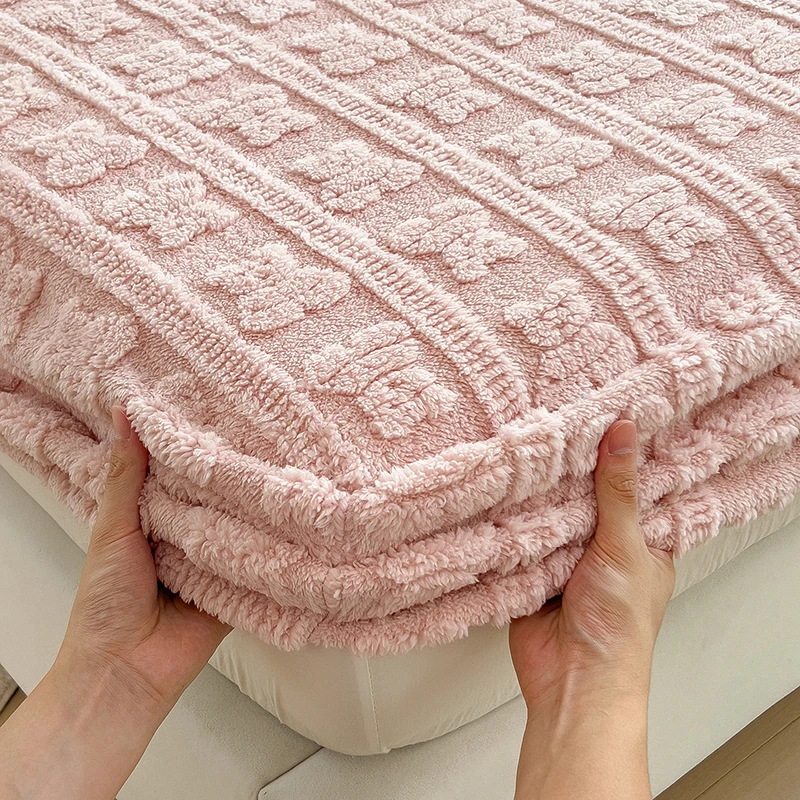 Jacauard Thick Warm Coral Plush Mattress Cover High Qulaity Abti-Slip Breathable Fitted Bed Sheet Single Double Queen King Size