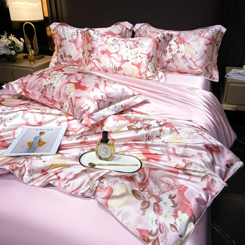 Floral Pattern Mulberry Silk Bedding Set Luxury High-End Duvet Cover Bed Sheet Pillowcase Smooth Comforter Quilt Cover Bedsheet