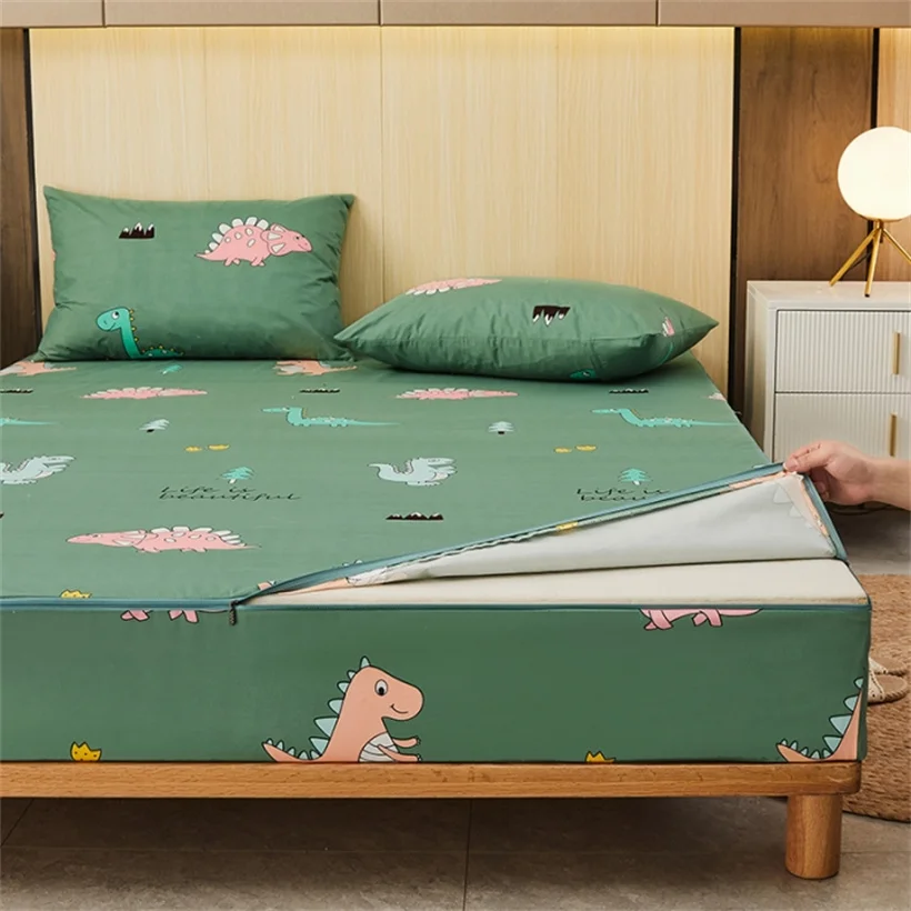 Fitted Sheet Waterproof Six-Sided With Zipper Mattress Cover Cartoon Printed Bed Cover Deep Pocket for 10/15/20/25cm Bedspreads
