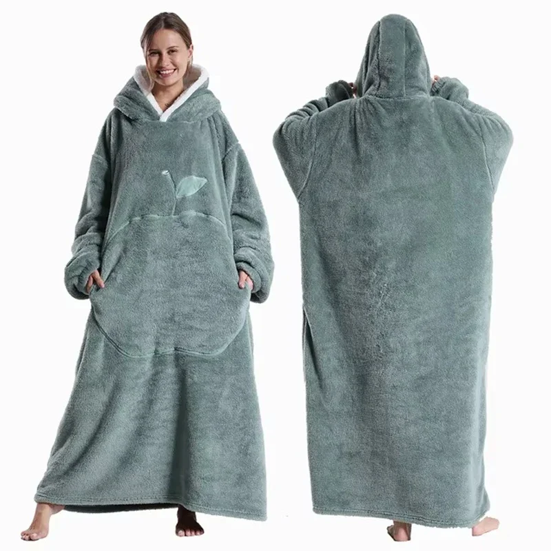 WASART Winter extra long wearable hoodies blanket adult warm pullover sweatshirt oversized fleece hooded blanket with sleeves