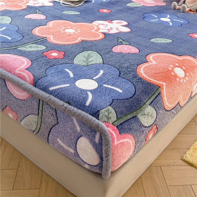 WOSTAR Winter thermal velvet fleece fitted sheet elastic mattress protector cover double bed couple fluffy flannel bed linen 150