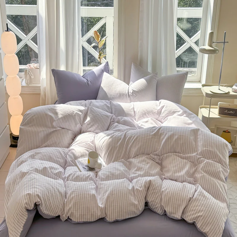 Simple Striped Washed Cotton Duvet Cover Set 3/4 Pieces Bedding Set with Quilt Cover Bed Sheet Sets Pillowcase Soft Breathable