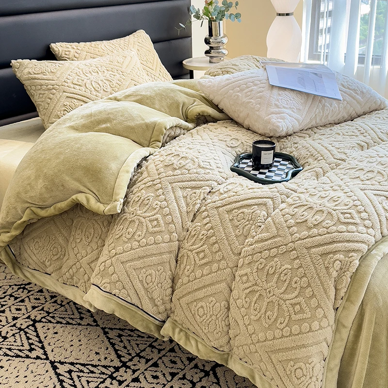 Solid Color Milk Velvet 4pcs Bedding Set with Quilt Cover Bed Sheet Pillowcase Luxury Thick Warm Duvet Cover Set Soft Bed Sets