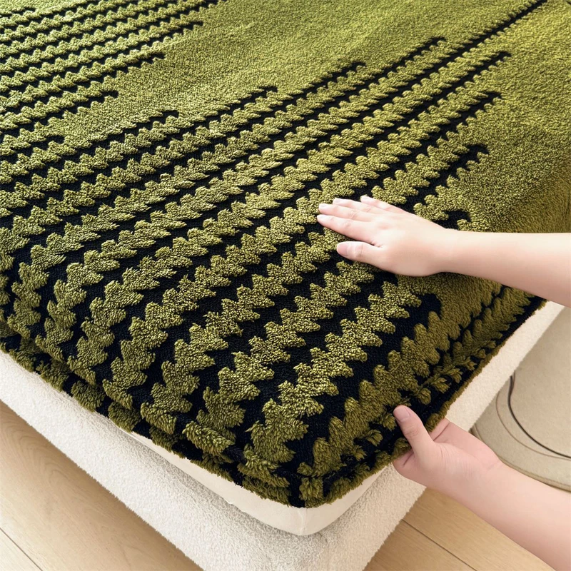 WASART Soft warm plush fitted sheet elastic mattress cover fluffy coral fleece jacquard bed linen winter luxury bedding 150x200