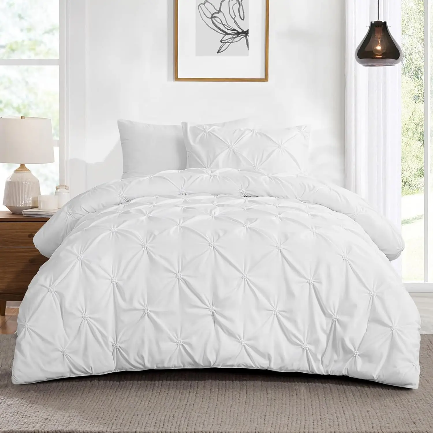 Battilo Pinch Pleated Duvet Cover Set Solid Quilt Cover with 2PCS Pillowcases Soft Bedding Set for Twin Full Queen King Size Bed