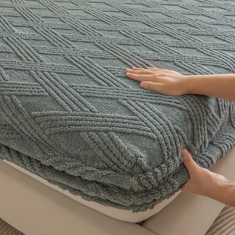 WASART Soft warm coral fleece fitted sheet elastic mattress protector cover plaid jacquard winter fluffy plush bed linen 180x200