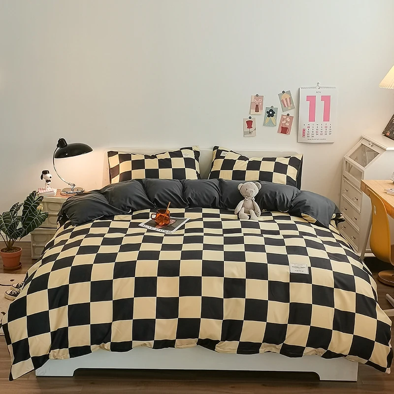 Pure Cotton Home Textile Plaid Style Bedding Set Simple Soft Duvet Cover Sheet Pillowcases Ins Style Bed Linens Queen King Size