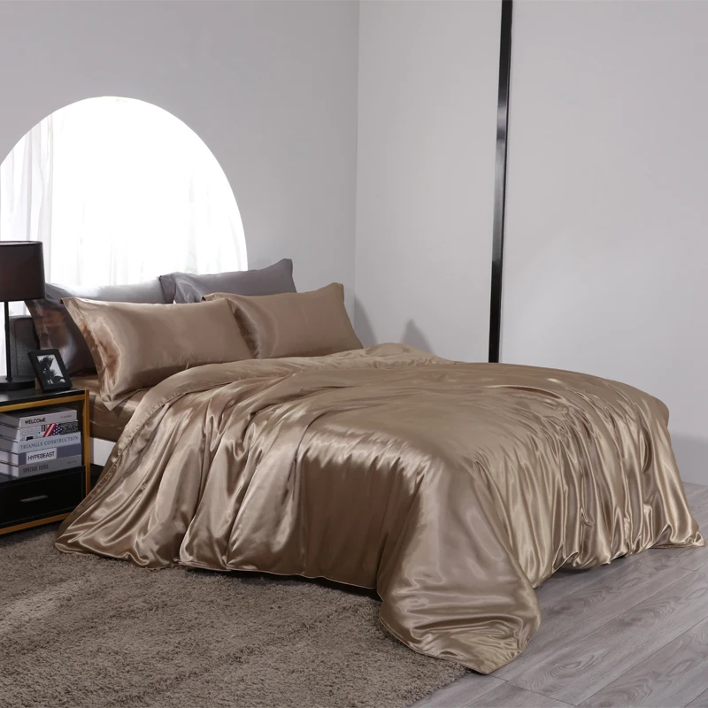 Blend Mulberry Silk Luxury Bedding Set Fitted & Flat Sheet Silky Duvet Cover Pillowcase for Home Hotel Premium Queen King Size