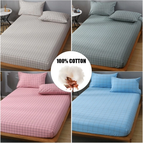 100% Cotton Bed Sheet Soft Comfortable Mattress Protector Cover,Classic Plaid Style,140x200 160x200 180x200..19 Sizes
